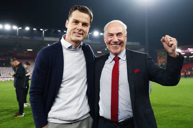 Mandatory Credit: Photo by James Marsh Shutterstock (12922043bp) Bournemouth Chairman Jeff Mostyn celebrates with Bournemouth Manager Scott Parker. AFC Bournemouth v Nottingham Forest, EFL Sky Bet Championship, Football, Vitality Stadium, Bournemouth, UK - 03 May 2022 EDITORIAL USE ONLY No use with unauthorised audio, video, data, fixture lists, club league logos or live services. Online in-match use limited to 120 images, no video emulation. No use in betting, games or single club league player publications. AFC Bournemouth v Nottingham Forest, EFL Sky Bet Championship, Football, Vitality Stadium, Bournemouth, UK - 03 May 2022 EDITORIAL USE ONLY No use with unauthorised audio, video, data, fixture lists, club league logos or live services. Online in-match use limited to 120 images, no video emulation. No use in betting, games or single club league player publications. Copyright: xJamesxMarsh Shutterstockx 12922043bp