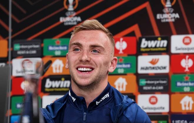 Mandatory Credit: Photo by Simon Dael Shutterstock (12923419b) Jarrod Bowen of West Ham United during a press conference, PK, Pressekonferenz West Ham Press Conference, UEFA Europa League, Football, Deutsche Bank Park Stadium, Frankfurt, Germany 04 May 2022 West Ham Press Conference, UEFA Europa League, Football, Deutsche Bank Park Stadium, Frankfurt, Germany 04 May 2022 Copyright: xSimonxDael Shutterstockx 12923419b