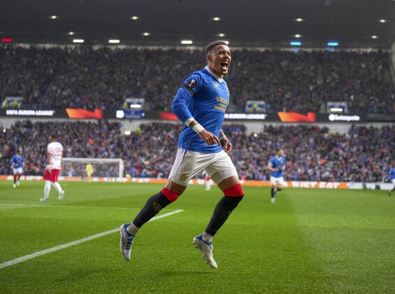 Mandatory Credit: Photo by Stuart Wallace Shutterstock (12925383t) Rangers Captain James Tavernier celebrates scoring to give Rangers a 1-0 lead (agg. 1-1). Rangers v RB Leipzig, UEFA Europa League, Semi Final, Second Leg, Football, Ibrox Stadium, Glasgow, UK - 05 May 2022 EDITORIAL USE ONLY No use with unauthorised audio, video, data, fixture lists, club league logos or live services. Online in-match use limited to 120 images, no video emulation. No use in betting, games or single club league player publications. Rangers v RB Leipzig, UEFA Europa League, Semi Final, Second Leg, Football, Ibrox Stadium, Glasgow, UK - 05 May 2022 EDITORIAL USE ONLY No use with unauthorised audio, video, data, fixture lists, club league logos or live services. Online in-match use limited to 120 images, no video emulation. No use in betting, games or single club league player publications. Copyright: xStuartxWallace Shutterstockx 12925383t
