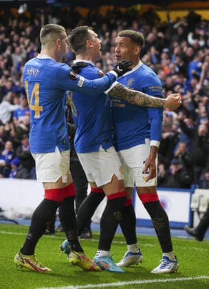 Mandatory Credit: Photo by Stuart Wallace Shutterstock (12925383z) Rangers Captain James Tavernier celebrates scoring to give Rangers a 1-0 lead (agg. 1-1) with team mates Ryan Kent & Ryan Jack. Rangers v RB Leipzig, UEFA Europa League, Semi Final, Second Leg, Football, Ibrox Stadium, Glasgow, UK - 05 May 2022 EDITORIAL USE ONLY No use with unauthorised audio, video, data, fixture lists, club league logos or live services. Online in-match use limited to 120 images, no video emulation. No use in betting, games or single club league player publications. Rangers v RB Leipzig, UEFA Europa League, Semi Final, Second Leg, Football, Ibrox Stadium, Glasgow, UK - 05 May 2022 EDITORIAL USE ONLY No use with unauthorised audio, video, data, fixture lists, club league logos or live services. Online in-match use limited to 120 images, no video emulation. No use in betting, games or single club league player publications. Copyright: xStuartxWallace Shutterstockx 12925383z