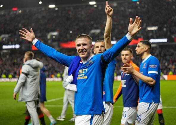 Mandatory Credit: Photo by Stuart Wallace Shutterstock (12925383ar) John Lundstram of Rangers, who scored the winning goal, celebrates after the final whistle as Rangers progress to the UEFA Europa League Final after beating RB Leipzig 3-1 (agg. 3-2). Rangers v RB Leipzig, UEFA Europa League, Semi Final, Second Leg, Football, Ibrox Stadium, Glasgow, UK - 05 May 2022 EDITORIAL USE ONLY No use with unauthorised audio, video, data, fixture lists, club league logos or live services. Online in-match use limited to 120 images, no video emulation. No use in betting, games or single club league player publications. Rangers v RB Leipzig, UEFA Europa League, Semi Final, Second Leg, Football, Ibrox Stadium, Glasgow, UK - 05 May 2022 EDITORIAL USE ONLY No use with unauthorised audio, video, data, fixture lists, club league logos or live services. Online in-match use limited to 120 images, no video emulation. No use in betting, games or single club league player publications. Copyright: xStuartxWallace Shutterstockx 12925383ar