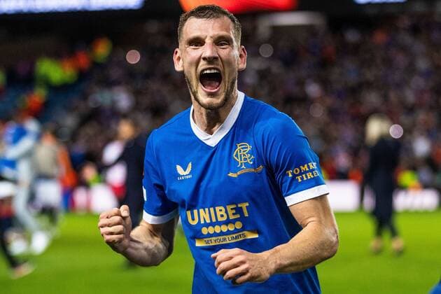 Mandatory Credit: Photo by Kirk O Rourke Rangers FC Shutterstock (12926021ax) Borna Barisic of Rangers celebrates at the end of the Europa League Semi Final match against RB Leipzig at Ibrox Stadium, Glasgow. Rangers v RB Leipzig, UEFA Europa League, Semi Final, Second Leg, Football, Ibrox Stadium, Glasgow, UK - 05 May 2022 EDITORIAL USE ONLY No use with unauthorised audio, video, data, fixture lists, club league logos or live services. Online in-match use limited to 120 images, no video emulation. No use in betting, games or single club league player publications. Rangers v RB Leipzig, UEFA Europa League, Semi Final, Second Leg, Football, Ibrox Stadium, Glasgow, UK - 05 May 2022 EDITORIAL USE ONLY No use with unauthorised audio, video, data, fixture lists, club league logos or live services. Online in-match use limited to 120 images, no video emulation. No use in betting, games or single club league player publications. Copyright: xKirkxO Rourke RangersxFC Shutterstockx 12926021ax