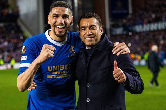 Mandatory Credit: Photo by Kirk O Rourke Rangers FC Shutterstock (12926021ce) Rangers manager Giovanni van Bronckhorst celebrates with Leon Balogun at the end of the Europa League Semi Final match against RB Leipzig at Ibrox Stadium, Glasgow. Rangers v RB Leipzig, UEFA Europa League, Semi Final, Second Leg, Football, Ibrox Stadium, Glasgow, UK - 05 May 2022 EDITORIAL USE ONLY No use with unauthorised audio, video, data, fixture lists, club league logos or live services. Online in-match use limited to 120 images, no video emulation. No use in betting, games or single club league player publications. Rangers v RB Leipzig, UEFA Europa League, Semi Final, Second Leg, Football, Ibrox Stadium, Glasgow, UK - 05 May 2022 EDITORIAL USE ONLY No use with unauthorised audio, video, data, fixture lists, club league logos or live services. Online in-match use limited to 120 images, no video emulation. No use in betting, games or single club league player publications. Copyright: xKirkxO Rourke RangersxFC Shutterstockx 12926021ce