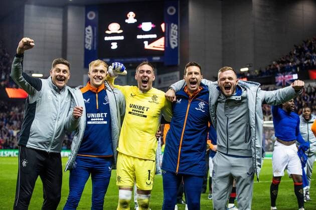Mandatory Credit: Photo by Kirk O Rourke Rangers FC Shutterstock (12926021do) Rangers goalkeepers Colin Stewart, Robby McCrorie, Allan McGregor, Jon McLaughlin & Andy Firth celebrate at the end of the Europa League Semi Final match against RB Leipzig at Ibrox Stadium, Glasgow. Rangers v RB Leipzig, UEFA Europa League, Semi Final, Second Leg, Football, Ibrox Stadium, Glasgow, UK - 05 May 2022 EDITORIAL USE ONLY No use with unauthorised audio, video, data, fixture lists, club league logos or live services. Online in-match use limited to 120 images, no video emulation. No use in betting, games or single club league player publications. Rangers v RB Leipzig, UEFA Europa League, Semi Final, Second Leg, Football, Ibrox Stadium, Glasgow, UK - 05 May 2022 EDITORIAL USE ONLY No use with unauthorised audio, video, data, fixture lists, club league logos or live services. Online in-match use limited to 120 images, no video emulation. No use in betting, games or single club league player publications. Copyright: xKirkxO Rourke RangersxFC Shutterstockx 12926021do