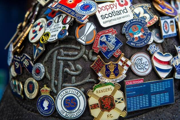 Mandatory Credit: Photo by Kirk O Rourke Rangers FC Shutterstock (12926021fy) Rangers fan with the Europa League badge on his hat for the Semi Final match against RB Leipzig at Ibrox Stadium, Glasgow. Rangers v RB Leipzig, UEFA Europa League, Semi Final, Second Leg, Football, Ibrox Stadium, Glasgow, UK - 05 May 2022 EDITORIAL USE ONLY No use with unauthorised audio, video, data, fixture lists, club league logos or live services. Online in-match use limited to 120 images, no video emulation. No use in betting, games or single club league player publications. Rangers v RB Leipzig, UEFA Europa League, Semi Final, Second Leg, Football, Ibrox Stadium, Glasgow, UK - 05 May 2022 EDITORIAL USE ONLY No use with unauthorised audio, video, data, fixture lists, club league logos or live services. Online in-match use limited to 120 images, no video emulation. No use in betting, games or single club league player publications. Copyright: xKirkxO Rourke RangersxFC Shutterstockx 12926021fy
