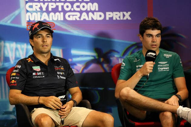 STROLL Lance (can), Aston Martin F1 Team AMR22, portrait with PEREZ Sergio (mex), Red Bull Racing RB18 in the FIA press conference, PK, Pressekonferenz during the Formula 1 Crypto.com Miami Grand Prix 2022, 5th round of the 2022 FIA Formula One World Championship, WM, Weltmeisterschaft on the Miami International Autodrome, from May 6 to 8, 2022 in Miami Gardens, Florida, United States of America - F1 - MIAMI GRAND PRIX 2022 DPPI Panoramic B40X5134