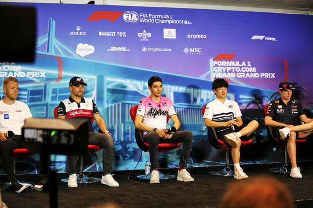 (L to R): Kevin Magnussen (DEN) Haas F1 Team; Valtteri Bottas (FIN) Alfa Romeo F1 Team; Esteban Ocon (FRA) Alpine F1 Team; Yuki Tsunoda (JPN) AlphaTauri; and Max Verstappen (NLD) Red Bull Racing, portrait in the FIA press conference, PK, Pressekonferenz during the Formula 1 Crypto.com Miami Grand Prix 2022, 5th round of the 2022 FIA Formula One World Championship, WM, Weltmeisterschaft on the Miami International Autodrome, from May 6 to 8, 2022 in Miami Gardens, Florida, United States of America - F1 - MIAMI GRAND PRIX 2022 DPPI Panoramic B40X5317