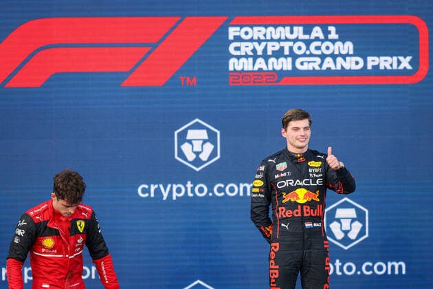 VERSTAPPEN Max (ned), Red Bull Racing RB18, portrait, podium with LECLERC Charles (mco), Scuderia Ferrari F1-75 during the Formula 1 Crypto.com Miami Grand Prix 2022, 5th round of the 2022 FIA Formula One World Championship, WM, Weltmeisterschaft on the Miami International Autodrome, from May 6 to 8, 2022 in Miami Gardens, Florida, United States of America - F1 - MIAMI GRAND PRIX 2022 - RACE DPPI Panoramic GOOD1323