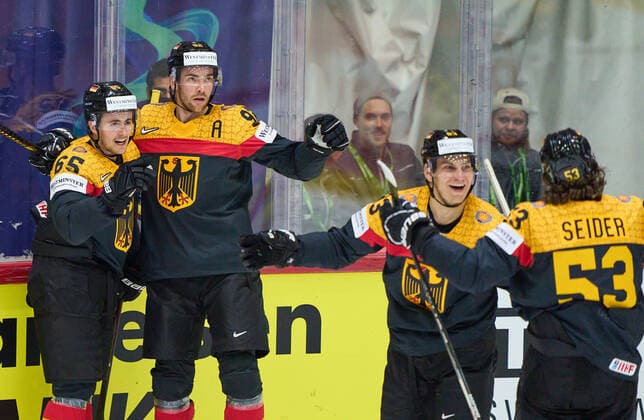 Sport Bilder des Tages Marc MICHAELIS Nr.65 of Germany celebrates his goal, happy, laugh, celebration, 1-2 in the match GERMANY - CANADA IIHF Ice hockey, Eishockey World Championship, WM, Weltmeisterschaft Group B in Helsinki, Finland, May 13, 2022, Season 2021 2022