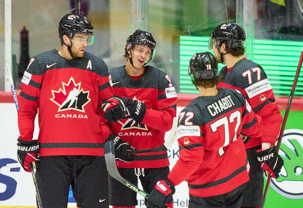 Adam Lowry Nr. 17 (L) of Canada celebrates his goal, happy, laugh, celebration, in the match CANADA - KAZAKHSTAN of the IIHF Ice hockey, Eishockey World Championship, WM, Weltmeisterschaft Group B in Helsinki, Finland, May 19, 2022, Season 2021 2022