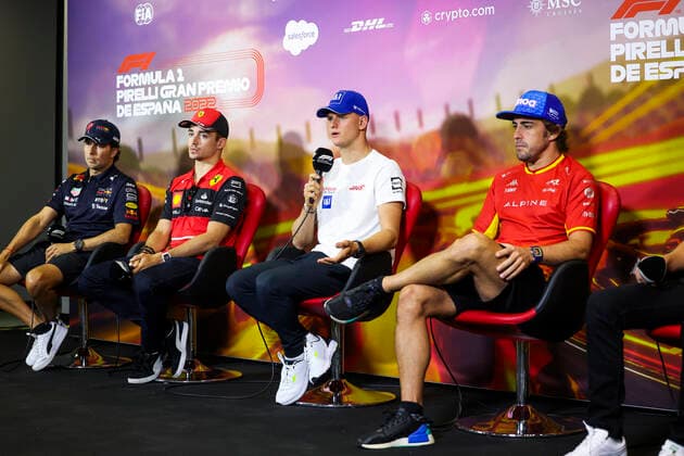 11 Sergio Perez (MEX, Oracle Red Bull Racing), 16 Charles Leclerc (MCO, Scuderia Ferrari), 47 Mick Schumacher (DEU, Haas F1 Team), 14 Fernando Alonso (ESP, BWT Alpine F1 Team), F1 Grand Prix of Spain at Circuit de Barcelona-Catalunya on May 20, 2022 in Barcelona, Spain. (Photo by HOCH ZWEI) Barcelona Spain