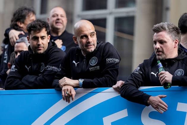 Mandatory Credit: Photo by Robbie Stephenson JMP Shutterstock (12953257ao) Manchester City manager Pep Guardiola celebrates his side s Premier League title win during the open top bus parade with a cigar in hand Manchester City Champions Bus Parade, UK - 23 May 2022 EDITORIAL USE ONLY No use with unauthorised audio, video, data, fixture lists (outside the EU), club league logos or live services. Online in-match use limited to 45 images (+15 in extra time). No use to emulate moving images. No use in betting, games or single club league player publications services. Manchester City Champions Bus Parade, UK - 23 May 2022 EDITORIAL USE ONLY No use with unauthorised audio, video, data, fixture lists (outside the EU), club league logos or live services. Online in-match use limited to 45 images (+15 in extra time). No use to emulate moving images. No use in betting, games or Copyright: xRobbiexStephenson JMP Shutterstockx 12953257ao