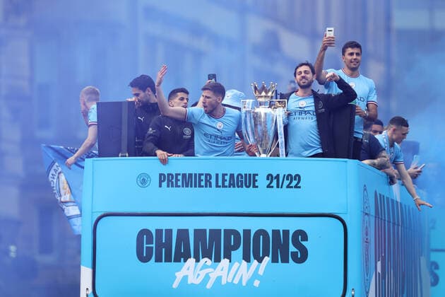 Mandatory Credit: Photo by Paul Greenwood Shutterstock (12952148cx) Manchester City players Joao Cancelo, Ruben Dias, Bernardo Silva, and Rodri with the Premier League trophy during the bus parade through Manchester City centre to celebrate winning the Premier League Manchester City Trophy Parade, Premier League, Football, Manchester, UK - 23 May 2022 EDITORIAL USE ONLY No use with unauthorised audio, video, data, fixture lists, club league logos or live services. Online in-match use limited to 120 images, no video emulation. No use in betting, games or single club league player publications. Manchester City Trophy Parade, Premier League, Football, Manchester, UK - 23 May 2022 EDITORIAL USE ONLY No use with unauthorised audio, video, data, fixture lists, club league logos or live services. Online in-match use limited to 120 images, no video emulation. No use in betting, games or single club league player publications. Copyright: xPaulxGreenwood Shutterstockx 12952148cx