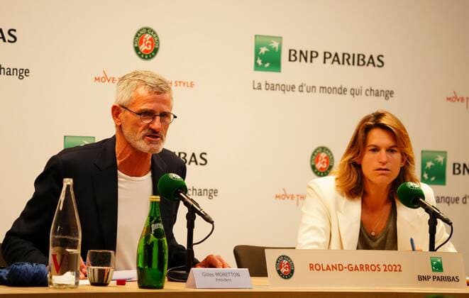 Mandatory Credit: Photo by Javier Garcia Shutterstock (12960016g) French Tennis Federation President Gilles Moretton at the end of tournament press conference, PK, Pressekonferenz with Tournament Director Amelie Mauresmo French Open Tennis, Day 15, Roland Garros, Paris, France - 05 Jun 2022 French Open Tennis, Day 15, Roland Garros, Paris, France - 05 Jun 2022 Copyright: xJavierxGarcia Shutterstockx 12960016g
