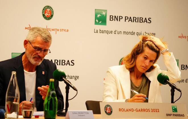 Mandatory Credit: Photo by Javier Garcia Shutterstock (12960016f) French Tennis Federation President Gilles Moretton at the end of tournament press conference, PK, Pressekonferenz with Tournament Director Amelie Mauresmo French Open Tennis, Day 15, Roland Garros, Paris, France - 05 Jun 2022 French Open Tennis, Day 15, Roland Garros, Paris, France - 05 Jun 2022 Copyright: xJavierxGarcia Shutterstockx 12960016f