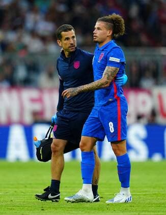 Mandatory Credit: Photo by Javier Garcia Shutterstock (12975315i) Kalvin Phillips of England is gorced off injured after going down twice in the first 15 minutes Germany v England, UEFA Nations League, Group C, International Football, Allianz Arena, Munich, Germany - 07 Jun 2022 EDITORIAL USE ONLY No use with unauthorised audio, video, data, fixture lists, club league logos or live services. Online in-match use limited to 120 images, no video emulation. No use in betting, games or single club league player publications. Germany v England, UEFA Nations League, Group C, International Football, Allianz Arena, Munich, Germany - 07 Jun 2022 EDITORIAL USE ONLY No use with unauthorised audio, video, data, fixture lists, club league logos or live services. Online in-match use limited to 120 images, no video emulation. No use in betting, games or single club league player publications. Copyright: xJavierxGarcia Shutterstockx 12975315i