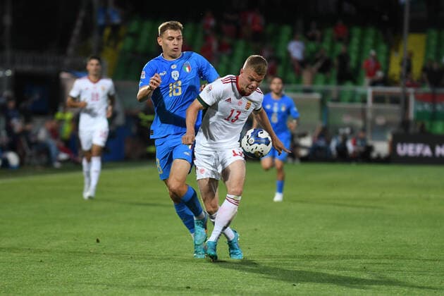 June 7, 2022, Cesena, Italy: Cesena, Italy, Dino Manuzzi stadium, June 07, 2022, Italy s Nicolo Barella in action against Hungary s Andras Schafer during Italy vs Hungary - football UEFA Nations League match. football UEFA Nations League match - Italy vs Hungary, Cesena, Italy - ZUMAl164 20220607_zsa_l164_015 Copyright: xEttorexGriffonix