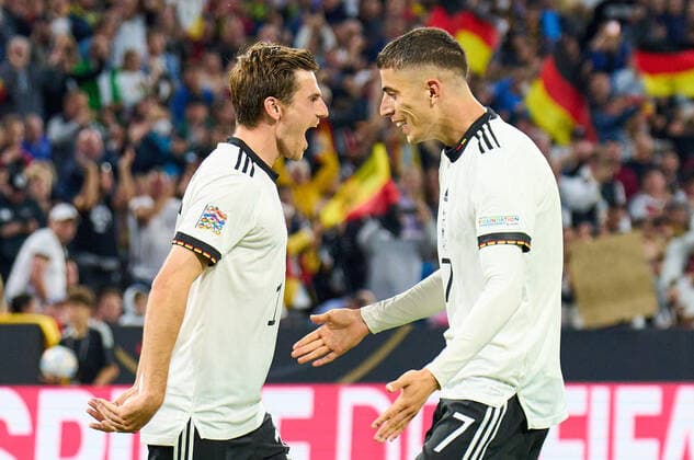 Jonas Hofmann, DFB 18 scores, shoots goal , Tor, Treffer, Torschuss, 1-0, celebrates his goal, happy, laugh, Kai Havertz, DFB 7 in the UEFA Nations League 2022 match GERMANY - ENGLAND in Season 2022 2023 on Juni 07, 2022 in Munich, Germany.