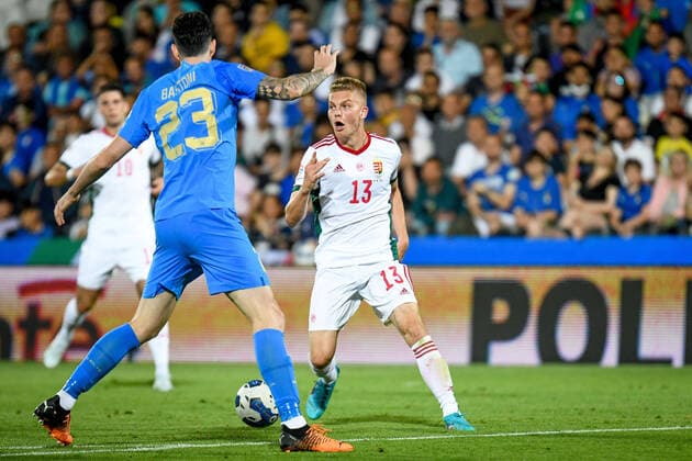 June 7, 2022, Cesena, Italy: Cesena, Italy, Dino Manuzzi stadium, June 07, 2022, Hungary s Andras Schafer in action against Italy s Alessandro Bastoni during Italy vs Hungary - football UEFA Nations League match. football UEFA Nations League match - Italy vs Hungary, Cesena, Italy - ZUMAl164 20220607_zsa_l164_056 Copyright: xEttorexGriffonix