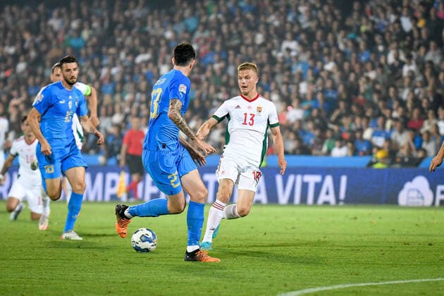 June 7, 2022, Cesena, Italy: Cesena, Italy, Dino Manuzzi stadium, June 07, 2022, Hungary s Andras Schafer in action against Italy s Alessandro Bastoni during Italy vs Hungary - football UEFA Nations League match. football UEFA Nations League match - Italy vs Hungary, Cesena, Italy - ZUMAl164 20220607_zsa_l164_062 Copyright: xEttorexGriffonix
