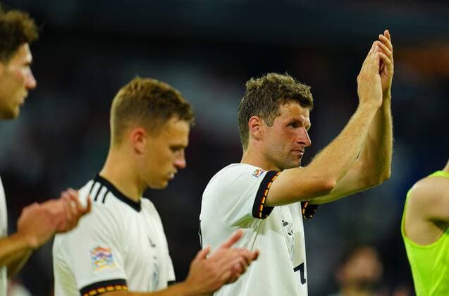Mandatory Credit: Photo by Javier Garcia Shutterstock (12975315bc) Thomas Muller of Germany applauds the fans at full time Germany v England, UEFA Nations League, Group C, International Football, Allianz Arena, Munich, Germany - 07 Jun 2022 EDITORIAL USE ONLY No use with unauthorised audio, video, data, fixture lists, club league logos or live services. Online in-match use limited to 120 images, no video emulation. No use in betting, games or single club league player publications. Germany v England, UEFA Nations League, Group C, International Football, Allianz Arena, Munich, Germany - 07 Jun 2022 EDITORIAL USE ONLY No use with unauthorised audio, video, data, fixture lists, club league logos or live services. Online in-match use limited to 120 images, no video emulation. No use in betting, games or single club league player publications. Copyright: xJavierxGarcia Shutterstockx 12975315bc