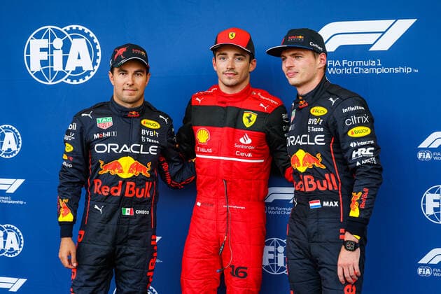 LECLERC Charles (mco), Scuderia Ferrari F1-75, PEREZ Sergio (mex), Red Bull Racing RB18, VERSTAPPEN Max (ned), Red Bull Racing RB18, portrait during the Formula 1 Azerbaijan Grand Prix 2022, 8th round of the 2022 FIA Formula One World Championship, WM, Weltmeisterschaft on the Baku City Circuit, from June 10 to 12, 2022 in Baku, Azerbaijan - F1 - AZERBAIJAN GRAND PRIX 2022 DPPI Panoramic 20220611_GOOD7284