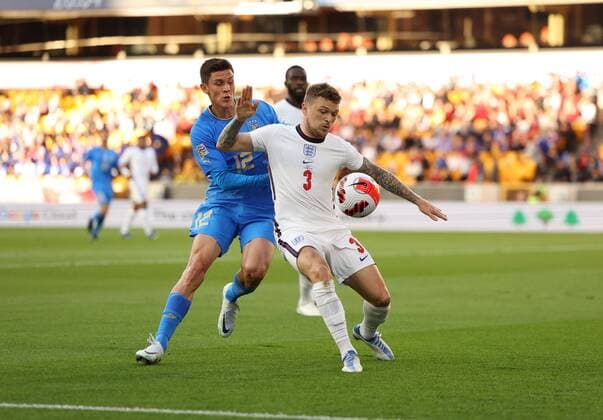 Mandatory Credit: Photo by Ryan Browne Shutterstock (12979657x) Kieran Trippier of England is challenged by Matteo Pessina of Italy. England v Italy, UEFA Nations League, Group A3, International Football, Molineux, Wolverhampton, UK - 11 Jun 2022 EDITORIAL USE ONLY No use with unauthorised audio, video, data, fixture lists, club league logos or live services. Online in-match use limited to 120 images, no video emulation. No use in betting, games or single club league player publications. England v Italy, UEFA Nations League, Group A3, International Football, Molineux, Wolverhampton, UK - 11 Jun 2022 EDITORIAL USE ONLY No use with unauthorised audio, video, data, fixture lists, club league logos or live services. Online in-match use limited to 120 images, no video emulation. No use in betting, games or single club league player publications. Copyright: xRyanxBrowne Shutterstockx 12979657x