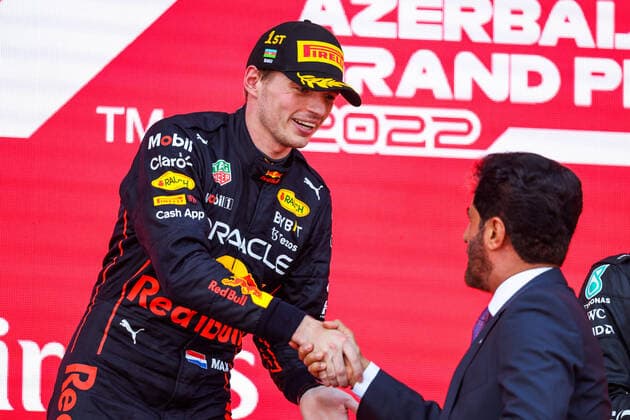 VERSTAPPEN Max (ned), Red Bull Racing RB18, BEN SULAYEM Mohammed (uae), President of the FIA, portrait during the Formula 1 Azerbaijan Grand Prix 2022, 8th round of the 2022 FIA Formula One World Championship, WM, Weltmeisterschaft on the Baku City Circuit, from June 10 to 12, 2022 in Baku, Azerbaijan - F1 - AZERBAIJAN GRAND PRIX 2022 - RACE DPPI Panoramic 20220612_G00D9593