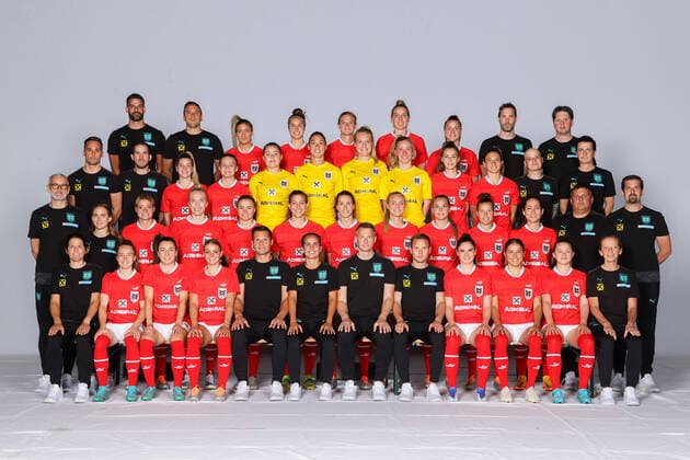 WOMEN SOCCER - OEFB ladies, team photo shoot VIENNA,AUSTRIA,17.JUN.22 - WOMEN SOCCER - OEFB, Oesterreichischer Fussball-Bund, team photoshooting, ladies. Image shows first row: psychologist Mirjam Wolf, Lisa Kolb, Barbara Dunst, Laura Wienroither, goalkeeper coach assistant Martin Klug, head coach Irene Fuhrmann, assistant coach Markus Hackl, assistant coach Christoph Witamwas, Sarah Zadrazil, Laura Feiersinger, Maria Plattner and masseur Margarethe Sperrer; second row: physical therapist Reinhard Woegerbauer, physical therapist Jennifer Zimmer, Verena Hanshaw, Celina Degen, Stefanie Enzinger, Lisa Makas, Viktoria Schnaderbeck, Sarah Puntigam, Julia Hickelsberger-Fueller, Nicole Billa, Jasmin Eder, kit manager Martin Winkovitsch and team doctor Markus Winnisch; third row: video analyst Julian Lauer, media officer Kevin Bell, Marie Hoebinger, Annabel Schasching, Mariella El Sherif, Manuela Zinsberger, Isabella Kresche, Jasmin Pal, Julia Magerl, Katharina Naschenweng, video editor Patrick Maurer and team manager Isabel Hochstoeger; forth row: physical therapist Sebastian Pinterits, scientist Dominik Strebinger, Marina Georgieva, Katja Wienerroither, Carina Wenninger, Katharina Schiechtl, Virgina Kirchberger, photographer Christopher Glanzl and team doctor Michael Anderl (AUT). Keywords: teamphoto. GEPAxpictures xChristianxWalgram