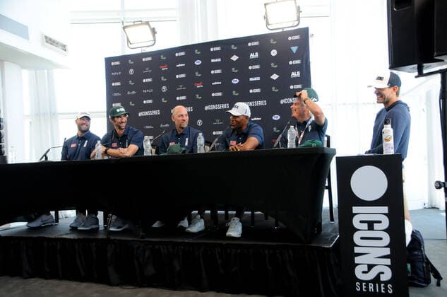 June 29, 2022, Jersey, NJ, United States: (Left to right) Ben Roethlisberger, Michael Phelps, John Smoltz, Michael Strahan and Fred Couples attend the Icons Series press conference, PK, Pressekonferenz in Liberty National Golf Club, Jersey City. Jersey United States - ZUMAs197 0161811149st Copyright: xEfrenxLandaosx