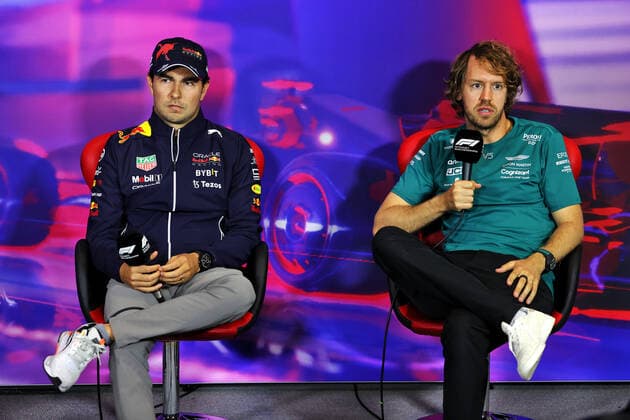 PEREZ Sergio (mex), Red Bull Racing RB18, portrait VETTEL Sebastian (ger), Aston Martin F1 Team AMR22, portrait conference de presse press conference, PK, Pressekonferenz during the Formula 1 Lenovo British Grand Prix 2022, 10th round of the 2022 FIA Formula One World Championship, WM, Weltmeisterschaft on the Silverstone Circuit, from July 1 to 3, 2022 in Silverstone, United Kingdom - F1 - BRITISH GRAND PRIX 2022 DPPI Panoramic MOY21342