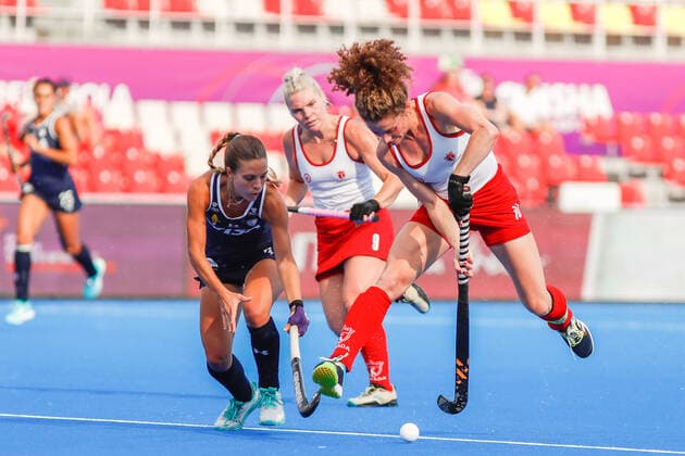 July 7, 2022, TERRASSA, BARCELONA, SPAIN: Valentina Marcucci of Argentina and Natalie Sourisseau of Canada in action during the FIH Hockey Women s World Cup 2022, Pool C, hockey match played between Argentina v Canada at Estadi Olimpic on July 06, 2022, in Terrassa, Barcelona, Spain. TERRASSA SPAIN - ZUMAa181 20220707_zaa_a181_010 Copyright: xIrinaxR.xHx