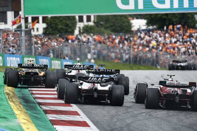 20 MAGNUSSEN Kevin (den), Haas F1 Team VF-22 Ferrari, action 14 ALONSO Fernando (spa), Alpine F1 Team A522, action 04 NORRIS Lando (gbr), McLaren F1 Team MCL36, action 24 ZHOU Guanyu (chi), Alfa Romeo F1 Team ORLEN C42, action 47 SCHUMACHER Mick (ger), Haas F1 Team VF-22 Ferrari, action during the Formula 1 Rolex Grosser Preis Von Osterreich 2022, 2022 Austrian Grand Prix, 11th round of the 2022 FIA Formula One World Championship, WM, Weltmeisterschaft from July 8 to 10, 2022 on the Red Bull Ring, in Spielberg, Austria - F1 - AUSTRIAN GRAND PRIX 2022 - RACE DPPI Panoramic 00122027__R3_3759