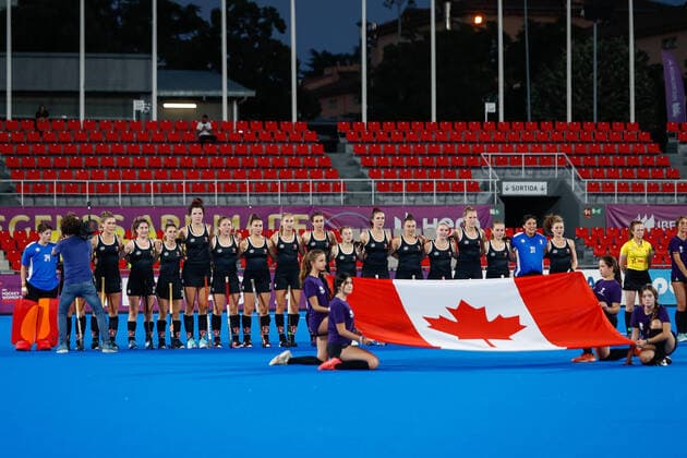 July 11, 2022, TERRASSA, BARCELONA, SPAIN: Players of Canada during the FIH Hockey Women s World Cup 2022, 9th - 16th, hockey match played between Canada and India at Estadi Olimpic on July 11, 2022, in Terrassa, Barcelona, Spain. TERRASSA SPAIN - ZUMAa181 20220711_zaa_a181_063 Copyright: xIrinaxR.xHx