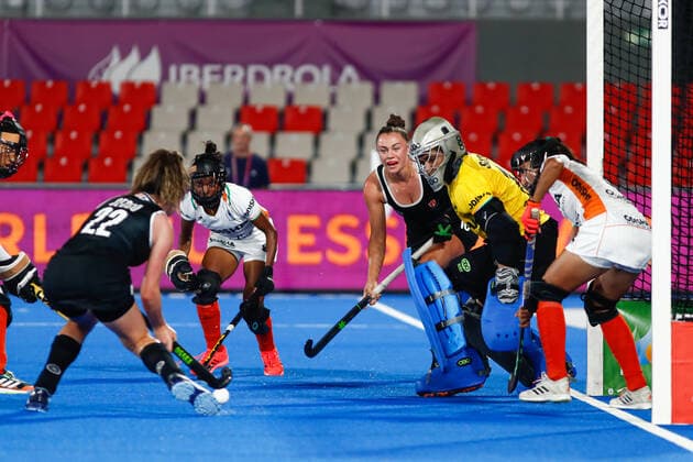 July 11, 2022, TERRASSA, BARCELONA, SPAIN: Madeline Secco of Canada shoot for goal during the FIH Hockey Women s World Cup 2022, 9th - 16th, hockey match played between Canada and India at Estadi Olimpic on July 11, 2022, in Terrassa, Barcelona, Spain. TERRASSA SPAIN - ZUMAa181 20220711_zaa_a181_070 Copyright: xIrinaxR.xHx