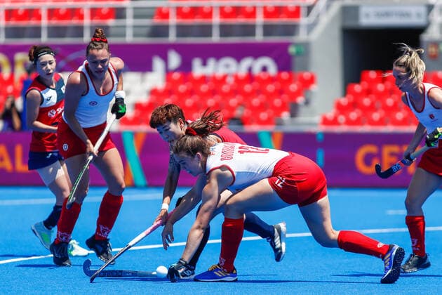 July 13, 2022, TERRASSA, BARCELONA, SPAIN: CheYoung Jung of Korea and Sara Goodman of Canada in action during the FIH Hockey Women s World Cup 2022, 13th - 16th , hockey match played between Canada and Korea at Estadi Olimpic on July 13, 2022, in Terrassa, Barcelona, Spain. TERRASSA SPAIN - ZUMAa181 20220713_zaa_a181_017 Copyright: xIrinaxR.xHx