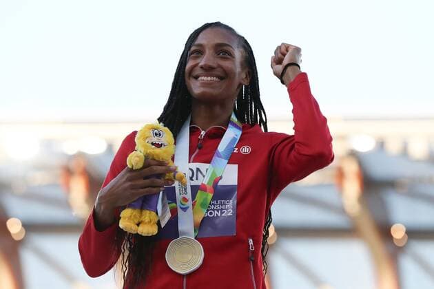 Mandatory Credit: Photo by Amanda Loman Shutterstock (13033002dm) Gold medalist Nafissatou Thiam, of Belgium, during the medal ceremony for the heptathlon 2022 World Athletics Championships, Day Four Hayward Field, Eugene, Oregon, USA - 18 Jul 2022 2022 World Athletics Championships, Day Four Hayward Field, Eugene, Oregon, USA - 18 Jul 2022 Copyright: xAmandaxLoman Shutterstockx 13033002dm