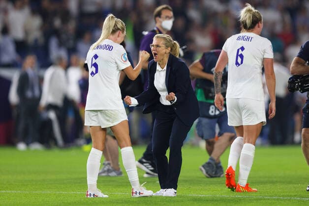 Mandatory Credit: Photo by Andrew Fosker Shutterstock (13038840ca) Sarina Wiegman - Head Coach of England celebrates with Alex Greenwood of England after reaching the semi-finals after a 2-1 win over Spain England v Spain, Womens UEFA European Championship, EM, Europameisterschaft Quarter Final, Football, American Express Community Stadium, Brighton, UK - 20 Jul 2022 EDITORIAL USE ONLY No use with unauthorised audio, video, data, fixture lists (outside the EU), club league logos or live services. Online in-match use limited to 45 images (+15 in extra time). No use to emulate moving images. No use in betting, games or single club league player publications services. England v Spain, Womens UEFA European Championship, Quarter Final, Football, American Express Community Stadium, Brighton, UK - 20 Jul 2022 EDITORIAL USE ONLY No use with unauthorised audio, video, data, fixture lists (outside the EU), club league logos or live services. Online in-match use limited to 45 images (+15 in extra time). No use to emulate moving images. No use in betting, games or Copyright: xAndrewxFosker Shutterstockx 13038840ca