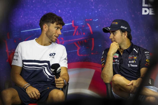 GASLY Pierre (fra), Scuderia AlphaTauri with PEREZ Sergio (mex), Red Bull Racing, portrait during the press conference, PK, Pressekonferenz prior to the Formula 1 Lenovo Grand Prix de France, French Grand Prix 2022, 12th round of the 2022 FIA Formula One World Championship, WM, Weltmeisterschaft from July 22 to 24, 2022 on the Circuit Paul Ricard, in Le Castellet, France - F1 - FRENCH GRAND PRIX 2022 DPPI Panoramic AV6_9671