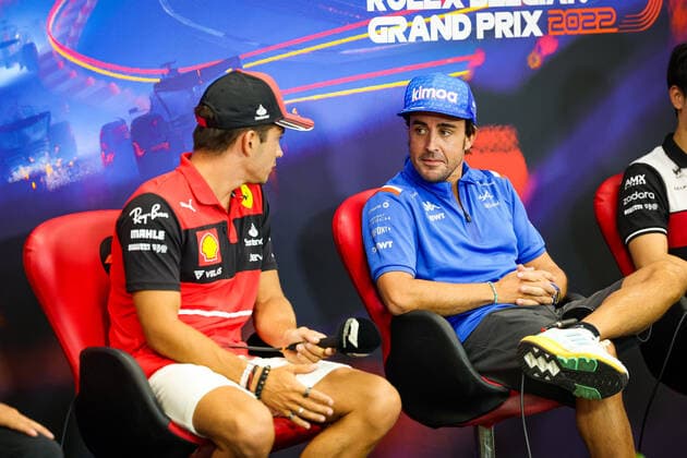 LECLERC Charles (mco), Scuderia Ferrari F1-75, ALONSO Fernando (spa), Alpine F1 Team A522, portrait during the Formula 1 Rolex Belgian Grand Prix 2022, 14th round of the 2022 FIA Formula One World Championship, WM, Weltmeisterschaft from August 26 to 28, 2022 on the Circuit de Spa-Francorchamps, in Francorchamps, Belgium - F1 - BELGIAN GRAND PRIX 2022 DPPI Panoramic 20220825_GOOD2691