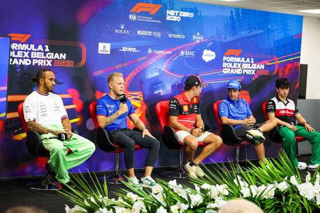 press conference, PK, Pressekonferenz HAMILTON Lewis (gbr), Mercedes AMG F1 Team W13, MAGNUSSEN Kevin (den), Haas F1 Team VF-22 Ferrari, LECLERC Charles (mco), Scuderia Ferrari F1-75, ALONSO Fernando (spa), Alpine F1 Team A522, ZHOU Guanyu (chi), Alfa Romeo F1 Team ORLEN C42, portrait during the Formula 1 Rolex Belgian Grand Prix 2022, 14th round of the 2022 FIA Formula One World Championship, WM, Weltmeisterschaft from August 26 to 28, 2022 on the Circuit de Spa-Francorchamps, in Francorchamps, Belgium - F1 - BELGIAN GRAND PRIX 2022 DPPI Panoramic 20220825_GOOD2697
