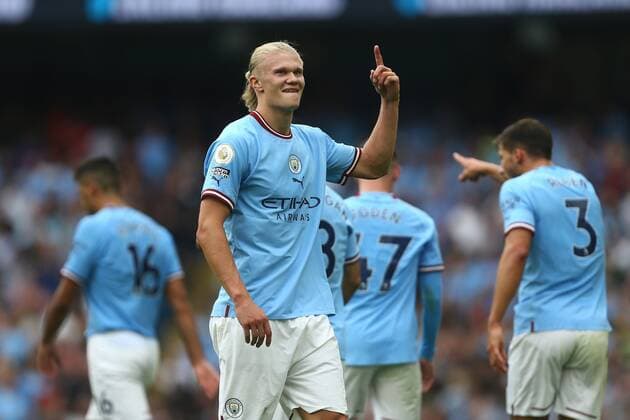 Mandatory Credit: Photo by Phil Oldham Shutterstock (13329485er) Erling Haaland of Manchester City celebrates scoring Manchester City v Crystal Palace, Premier League, Football, Etihad Stadium, Manchester, UK - 27 Aug 2022 Manchester City v Crystal Palace, Premier League, Football, Etihad Stadium, Manchester, UK - 27 Aug 2022 Copyright: xPhilxOldham Shutterstockx 13329485er