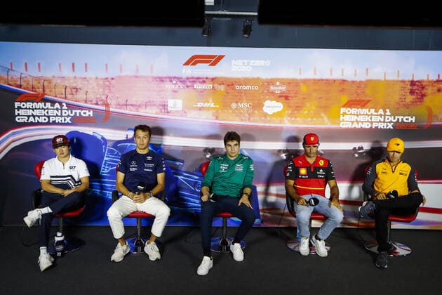 TSUNODA Yuki (jap), Scuderia AlphaTauri AT03, ALBON Alexander (tha), Williams Racing FW44, STROLL Lance (can), Aston Martin F1 Team AMR22, SAINZ Carlos (spa), Scuderia Ferrari F1-75, NORRIS Lando (gbr), McLaren F1 Team MCL36, portrait, press conference, PK, Pressekonferenz during the Formula 1 Heineken Dutch Grand Prix 2022, 15th round of the 2022 FIA Formula One World Championship, WM, Weltmeisterschaft from September 2 to 4, 2022 on the Zandvoort Circuit, in Netherlands, Belgium - F1 - DUTCH GRAND PRIX 2022 DPPI Panoramic 00122035__V2_3625.JPG_