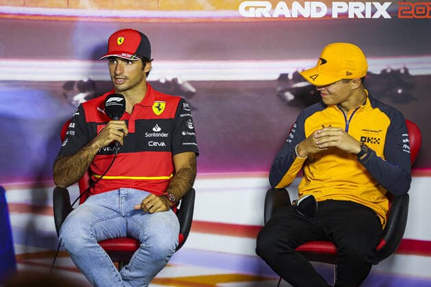 SAINZ Carlos (spa), Scuderia Ferrari F1-75, NORRIS Lando (gbr), McLaren F1 Team MCL36, portrait, press conference, PK, Pressekonferenz during the Formula 1 Heineken Dutch Grand Prix 2022, 15th round of the 2022 FIA Formula One World Championship, WM, Weltmeisterschaft from September 2 to 4, 2022 on the Zandvoort Circuit, in Netherlands, Belgium - F1 - DUTCH GRAND PRIX 2022 DPPI Panoramic 00122035_AV6_4375.JPG_