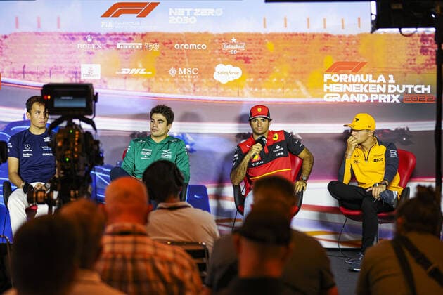 SAINZ Carlos (spa), Scuderia Ferrari F1-75, NORRIS Lando (gbr), McLaren F1 Team MCL36, portrait, press conference, PK, Pressekonferenz during the Formula 1 Heineken Dutch Grand Prix 2022, 15th round of the 2022 FIA Formula One World Championship, WM, Weltmeisterschaft from September 2 to 4, 2022 on the Zandvoort Circuit, in Netherlands, Belgium - F1 - DUTCH GRAND PRIX 2022 DPPI Panoramic 00122035_AV6_4338.JPG_