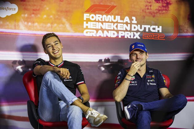 RUSSELL George (gbr), Mercedes AMG F1 Team W13, VERSTAPPEN Max (ned), Red Bull Racing RB18, portrait, press conference, PK, Pressekonferenz during the Formula 1 Heineken Dutch Grand Prix 2022, 15th round of the 2022 FIA Formula One World Championship, WM, Weltmeisterschaft from September 2 to 4, 2022 on the Zandvoort Circuit, in Netherlands, Belgium - F1 - DUTCH GRAND PRIX 2022 DPPI Panoramic 00122035_AV6_4695.JPG_