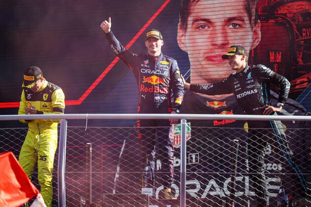 VERSTAPPEN Max (ned), Red Bull Racing RB18, LECLERC Charles (mco), Scuderia Ferrari F1-75, RUSSELL George (gbr), Mercedes AMG F1 Team W13, portrait during the 9th round of the 2022 FIA Formula 3 Championship, from September 9 to 11, 2022 on the Autodromo Nazionale di Monza, in Monza, Italy - AUTO - FORMULA 3 2022 - MONZA DPPI Panoramic 20220911_G00D1941