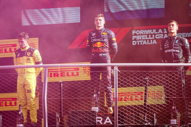 VERSTAPPEN Max (ned), Red Bull Racing RB18, LECLERC Charles (mco), Scuderia Ferrari F1-75, RUSSELL George (gbr), Mercedes AMG F1 Team W13, portrait during the Formula 1 Pirelli Gran Premio d™Italia 2022, Italian Grand Prix 2022, 16th round of the 2022 FIA Formula One World Championship, WM, Weltmeisterschaft from September 9 to 11, 2022 on the Autodromo Nazionale di Monza, in Monza, Italy - F1 - ITALIAN GRAND PRIX 2022 - RACE DPPI Panoramic 20220911_G00D1967
