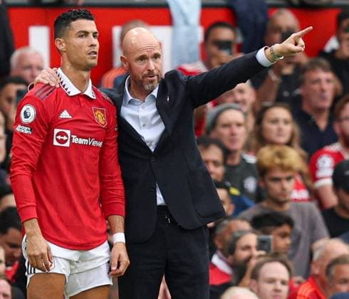 Mandatory Credit: Photo by Paul Currie Shutterstock (13360385fr) Cristiano Ronaldo of Manchester United, ManU and manager Erik ten Hag Manchester United v Arsenal, Premier League, Football, Old Trafford, Manchester, UK - 04 Sep 2022 EDITORIAL USE ONLY No use with unauthorised audio, video, data, fixture lists, club league logos or live services. Online in-match use limited to 120 images, no video emulation. No use in betting, games or single club league player publications. Manchester United v Arsenal, Premier League, Football, Old Trafford, Manchester, UK - 04 Sep 2022 EDITORIAL USE ONLY No use with unauthorised audio, video, data, fixture lists, club league logos or live services. Online in-match use limited to 120 images, no video emulation. No use in betting, games or single club league player publications. Copyright: xPaulxCurrie Shutterstockx 13360385fr