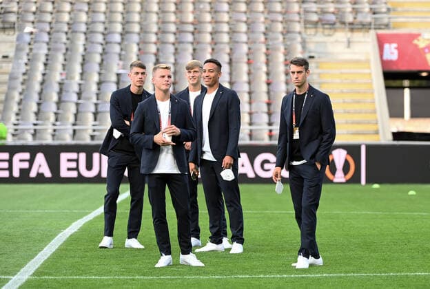 Fussball, Herren, Saison 2022 2023, Europa League, Sporting Braga - 1. FC Union Berlin (Gruppenphase, Gruppe D, 2. Spieltag), v. l. Tim Maciejewski (1. FC Union Berlin), Andras Schäfer (1. FC Union Berlin), Aljoscha Kemlein (1. FC Union Berlin), Jamie Leweling (1. FC Union Berlin), Janik Haberer (1. FC Union Berlin) vor dem Spiel, 15.09. 2022, Copyright: xMatthiasxKochx